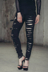 Black Punk Loops Broken Holes Womens Pants